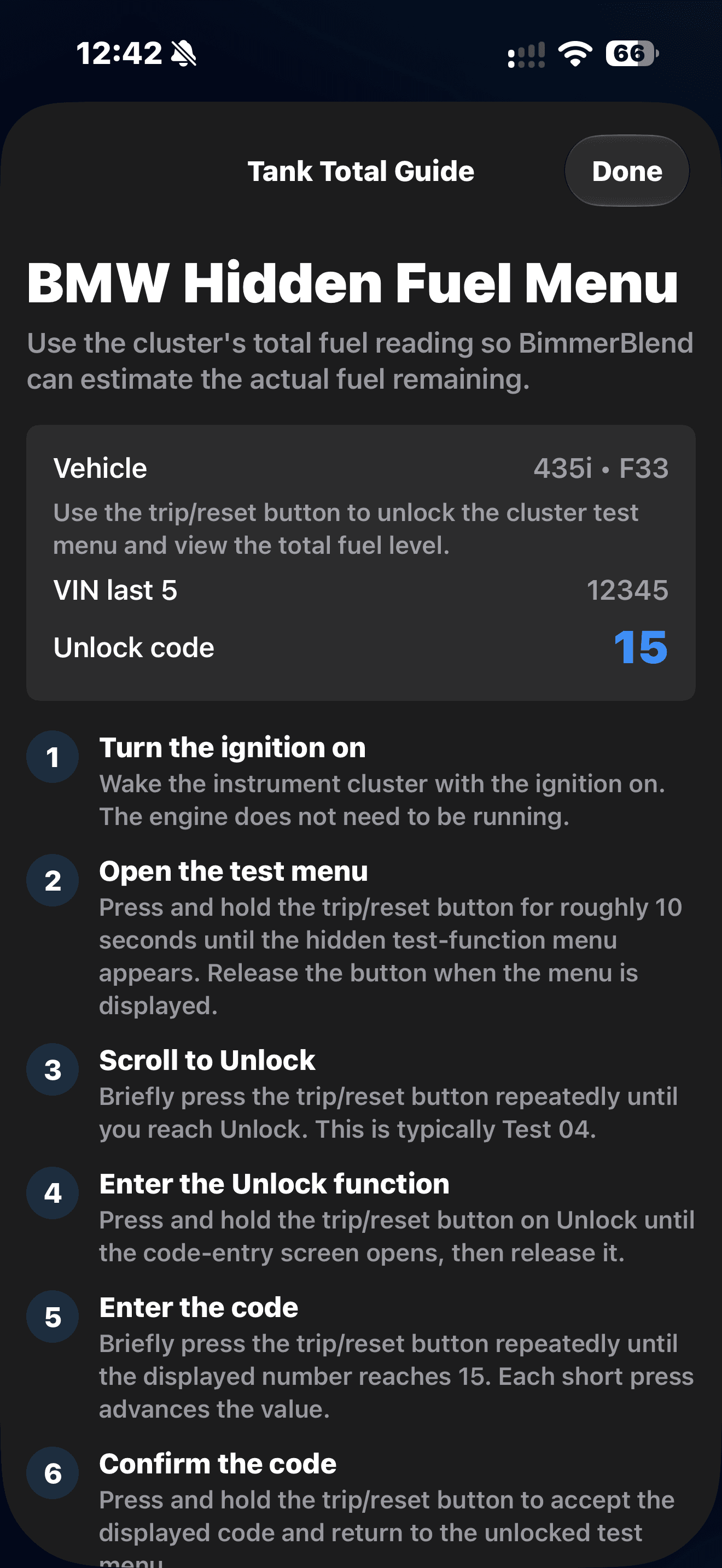 BimmerBlend BMW hidden menu tank reading instructions